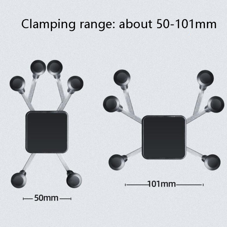 Six-claw phone mount diagram showing square holder and adjustable arm spacing