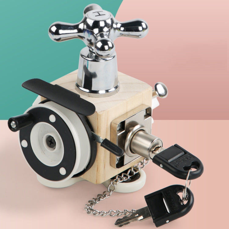 Wooden Montessori busy board toy with chrome faucet knob, key lock, and chain with keys