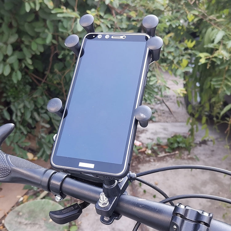 Black six-claw metal phone back clip holder holding a smartphone on handlebars