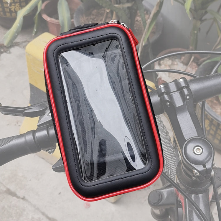 Waterproof touch-screen phone bag on bicycle handlebar, black with red border