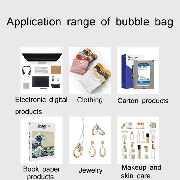 Application diagram showing bubble mailer use for electronics, clothing, cartons, jewelry, skincare