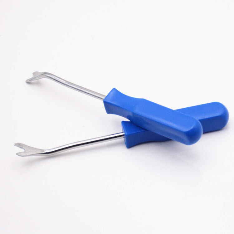 Car door claw removal tool with blue handle and curved metal prongs