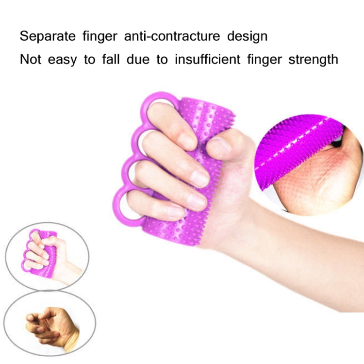 Purple silicone finger separation grip worn on hand with massage nubs