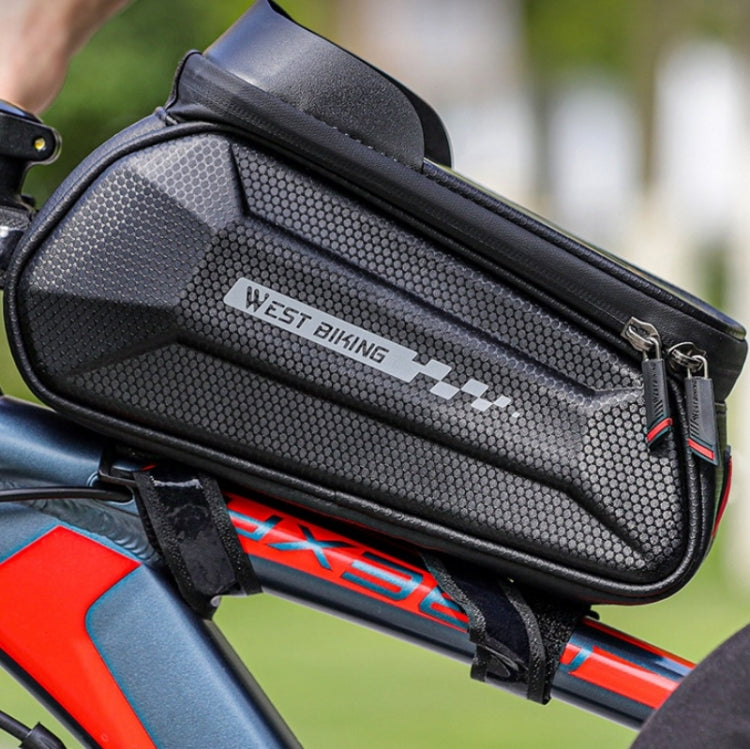 Side view of WEST BIKING hard shell bike top tube bag on handlebars, black