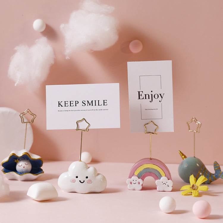 Desktop resin photo clips with cloud bases holding cards, including “Enjoy” and “Keep Smile”