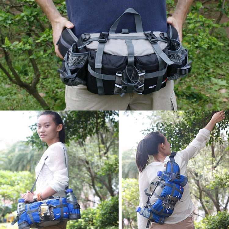 Blue cycling waist bag worn outdoors with bottles stored in side mesh pockets