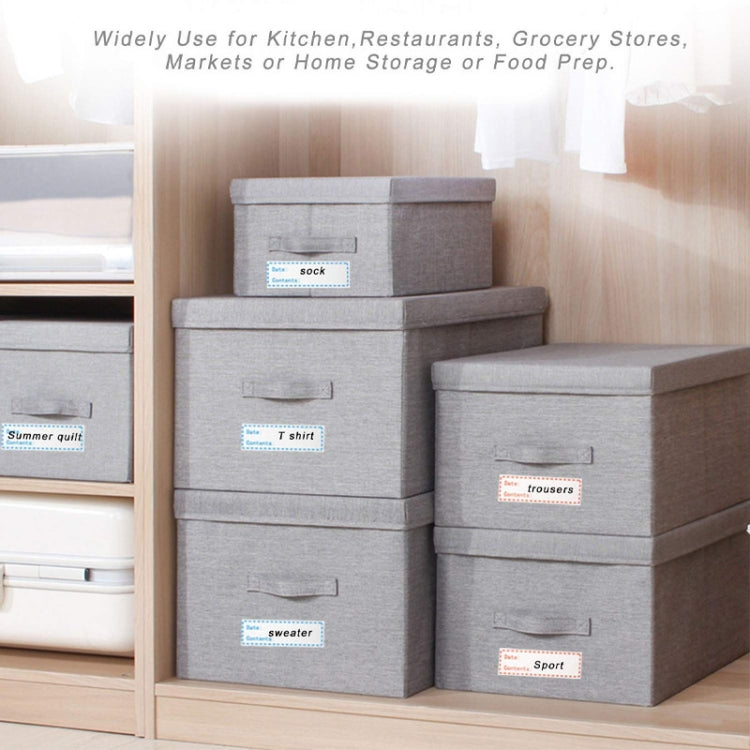 Labeled storage boxes with small “Date” and “Contents” stickers for pantry organization.