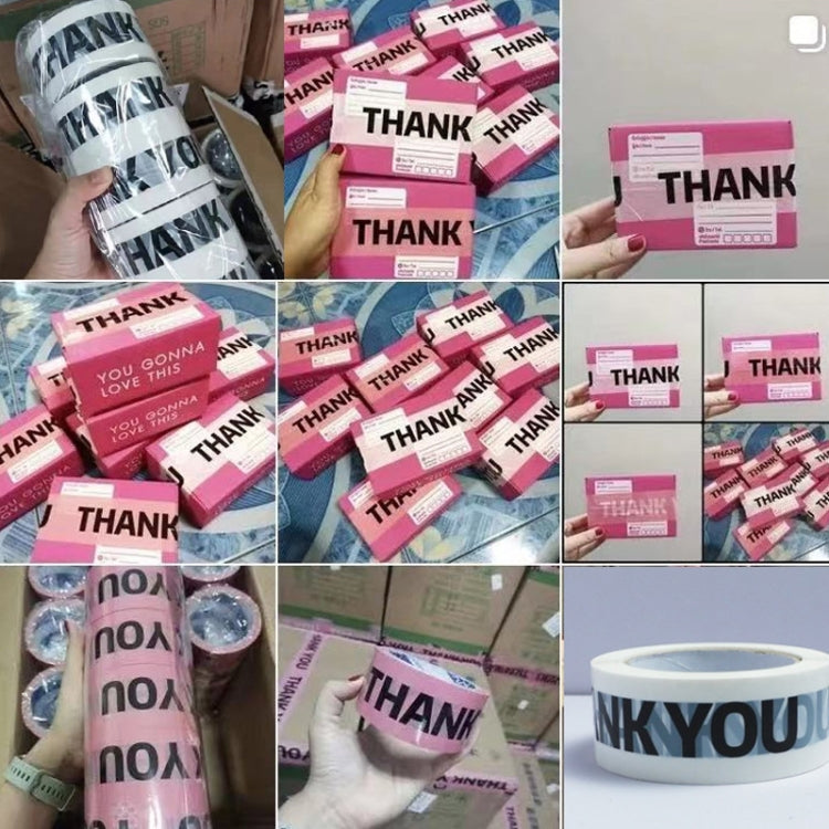 Assorted rolls of “THANK YOU” sealing tape and small thank-you label cards.