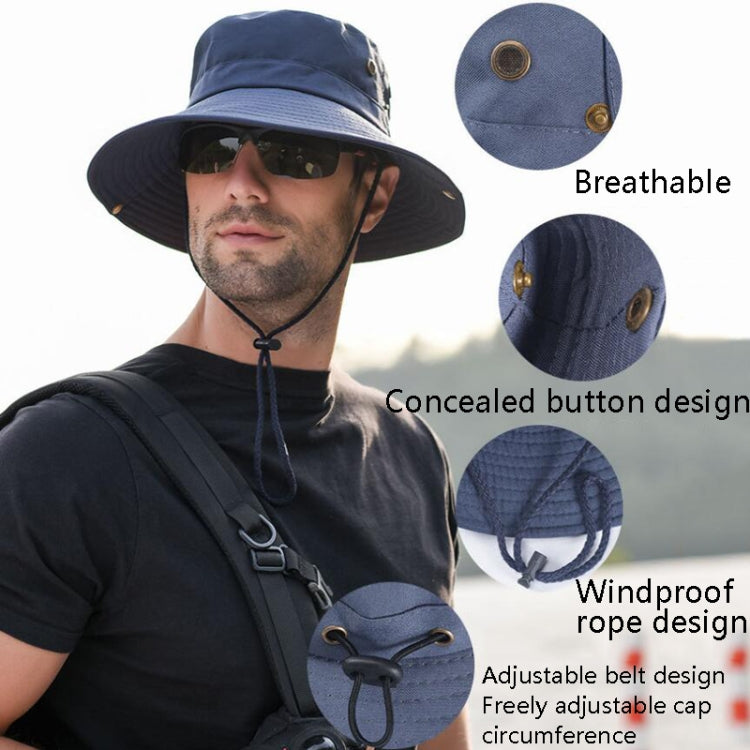 Navy wide-brim sun hat on model with adjustable chin drawstring