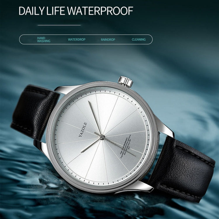 Men's quartz wristwatch with white dial, silver case, and black leather strap