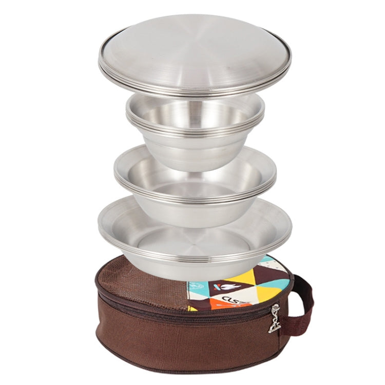 Stacked stainless steel camping bowls with matching round carry case.