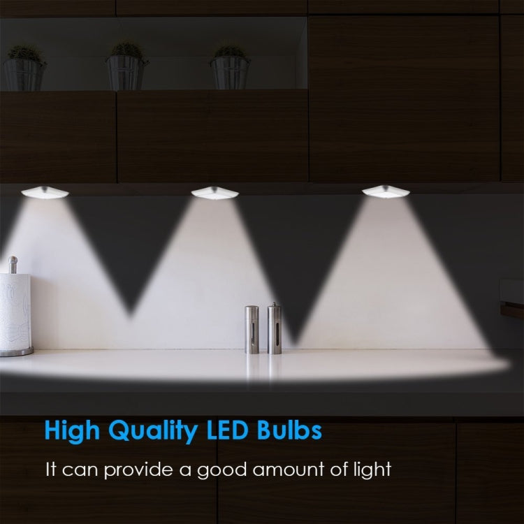 Multiple small motion-sensor night lights casting bright beams under kitchen cabinets, silver style
