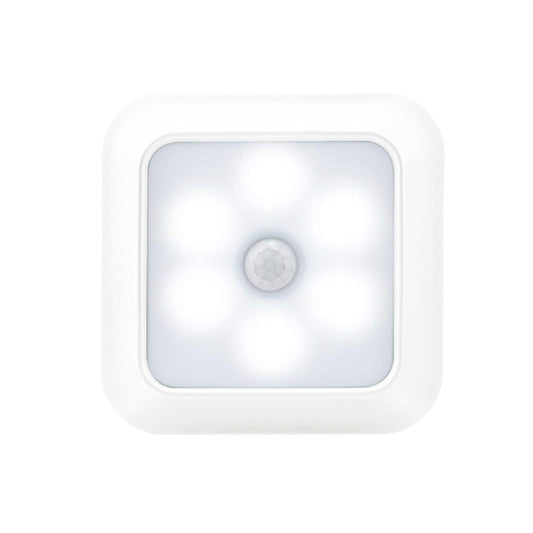 Square motion-sensor night light with cool white panel light and round infrared sensor, white-silver body