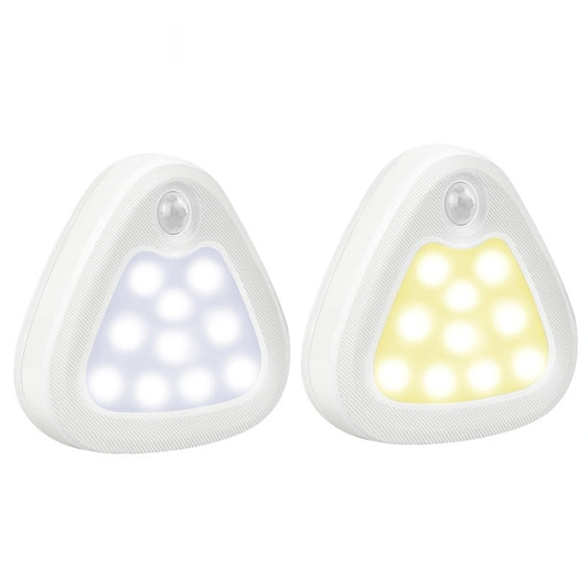 Pair of white triangular sensing lamps showing cool white and warm yellow LED modes