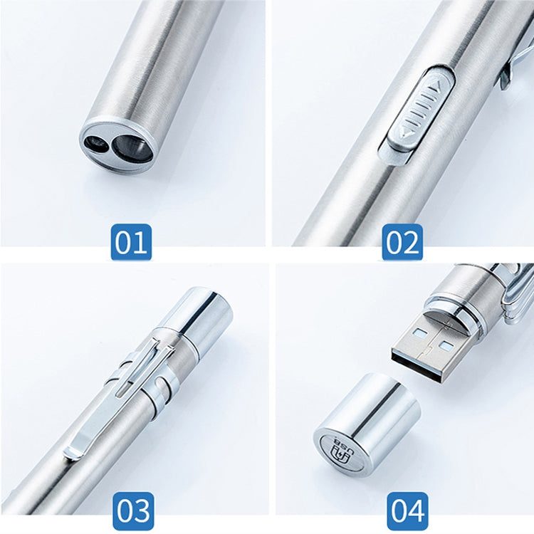 Silver LED pen light close-ups of lens area and USB charging port
