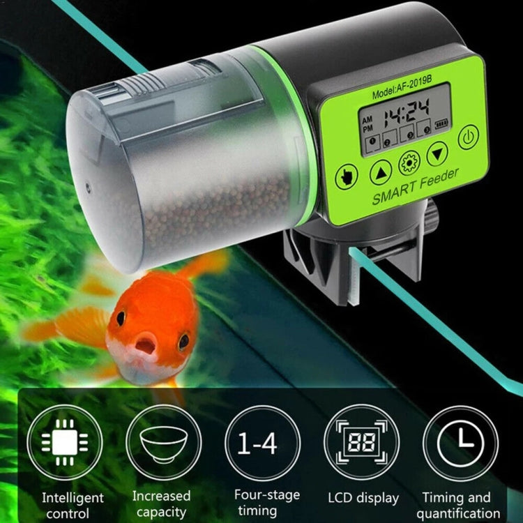 Automatic fish tank feeder with transparent food container and lime LCD screen control module