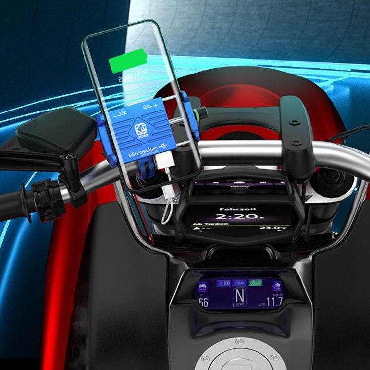 Blue aluminum motorcycle phone holder with smartphone mounted on the handlebar