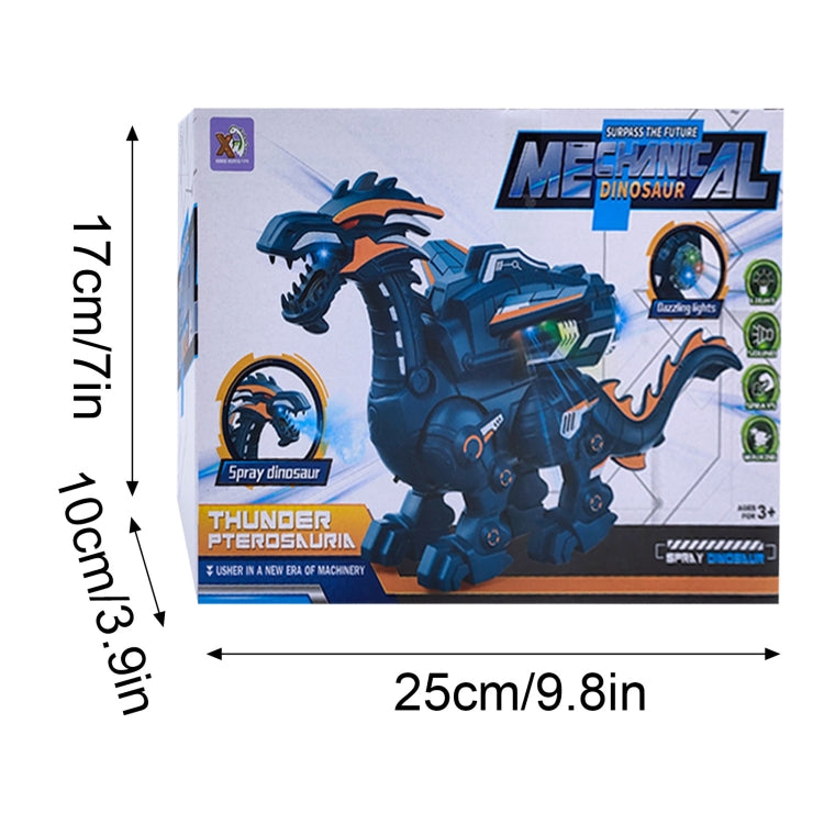 Electric mechanical dinosaur toy box showing blue dinosaur and product size dimensions.