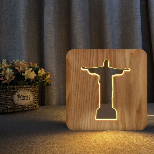 FS-T1971W 2.5W Jesus Pastor Table Lamp USB Solid Wood Hollow Night Light, Jesus Pastor