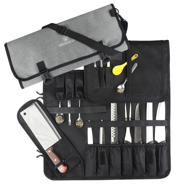 Black chef knife storage bag with organizer panels and zippered pockets