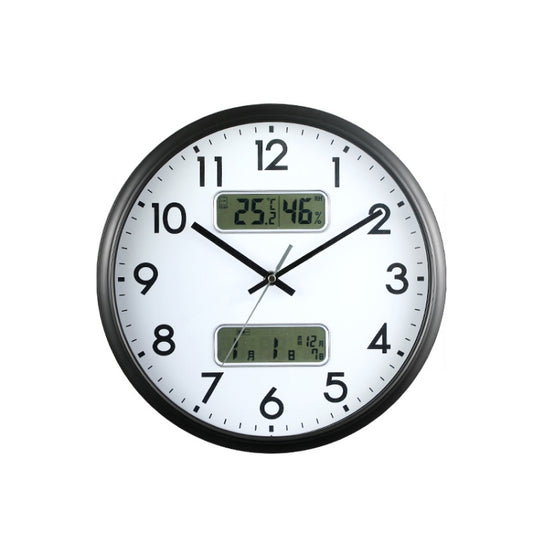 Round wall clock with dual LED displays for time, temperature, humidity, and calendar