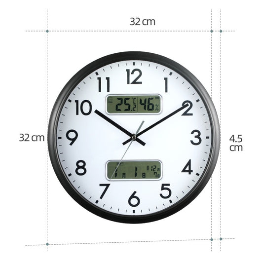 32 cm round wall clock size diagram with dual LED displays for time and environment readings