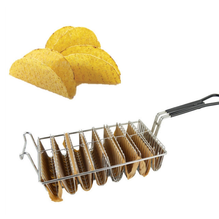 Stainless steel taco crust basket tool with V-shaped slots and side handle