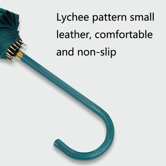 Teal long umbrella handle with textured grip and metallic clasp near cuff