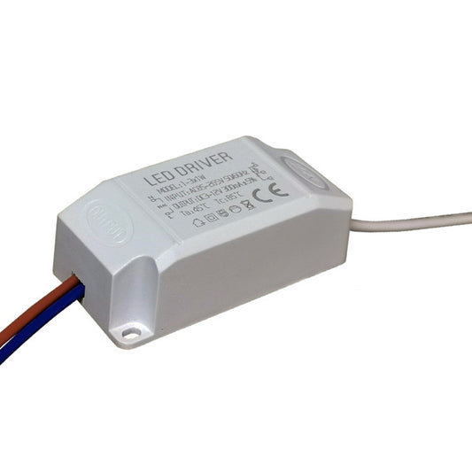 White LED driver power supply with attached input wires and mounting hole