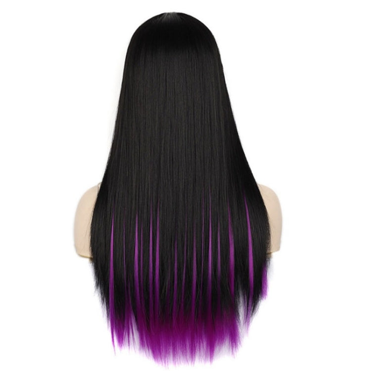 Long straight wig with side bangs, black base with purple/violet highlights