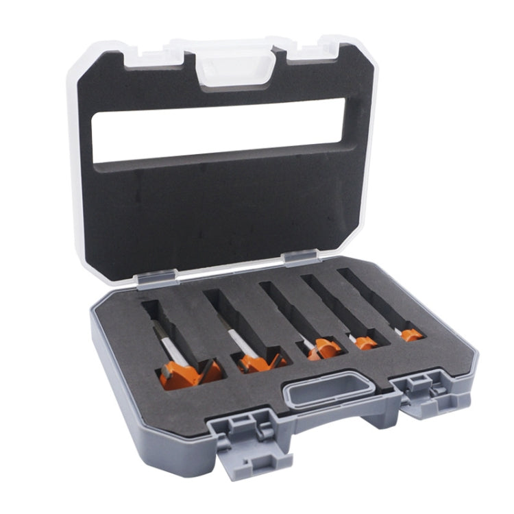Hinge hole opener drill bit set in open case with orange-tipped bits in tray