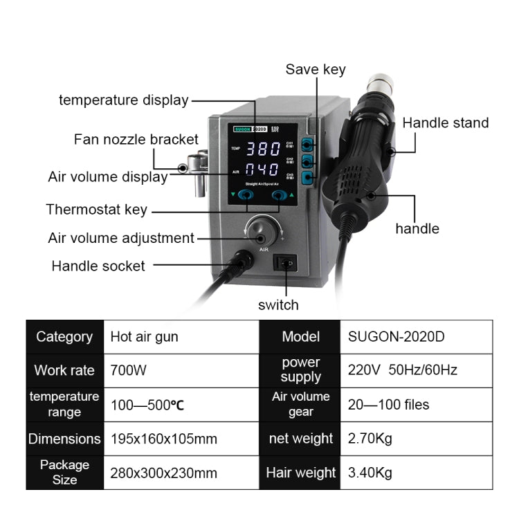 Hot air rework station control unit with front panel buttons and attached handle stand