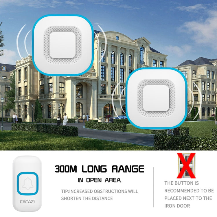 Wireless music doorbell button set, white with speaker grille and blue border, long-range alert