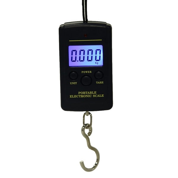 Hanging digital scale showing 0.000 kg on glowing LCD screen