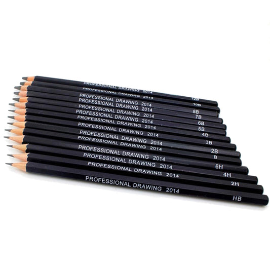 Graphite sketching pencil set laid side by side, labeled dark barrels and sharpened tips.