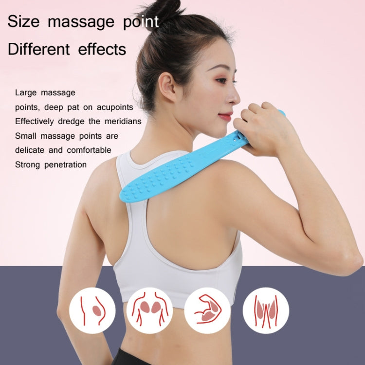 Woman using a blue silicone meridian massage massager on her upper back