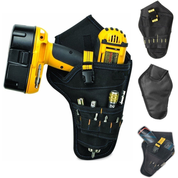 Black electrician waist tool bag holding power drill, bits, and hand tools
