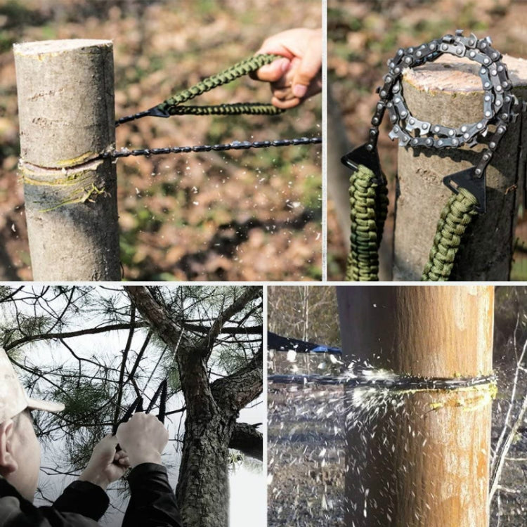 Metal chain saw around a log with olive braided rope handles for pulling through cuts