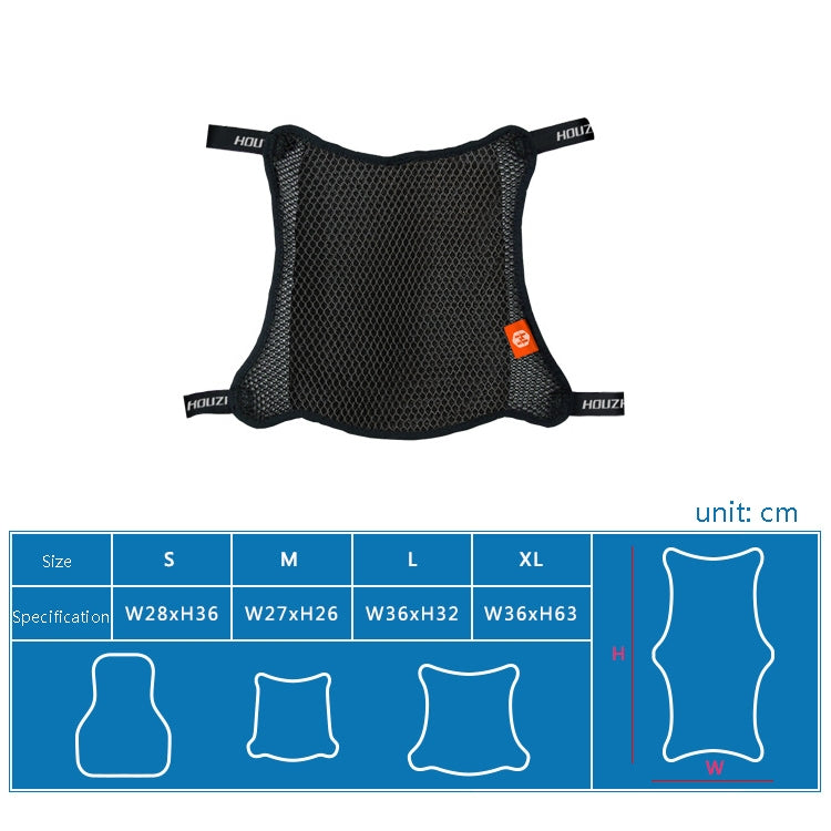 Black 3D grid mesh motorcycle seat cover cushion with orange label, sizing chart shown