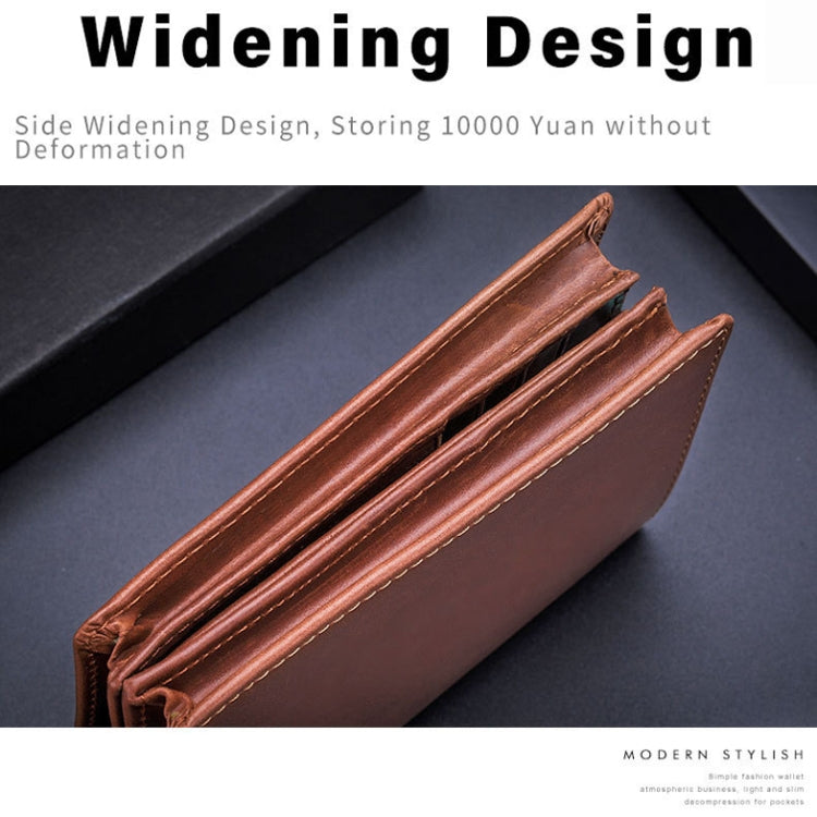 Men's brown leather wallet with widened side showing multiple card compartments