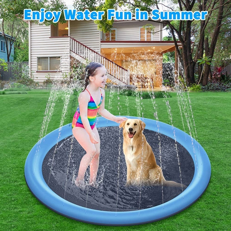 Backyard PVC pet sprinkler mat with child and dog playing as water jets spray from the pool.