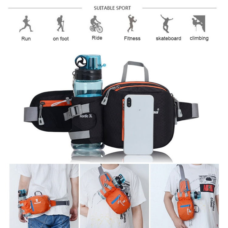 Black waist bag with orange trim, water bottle pouch, and phone pocket with strap
