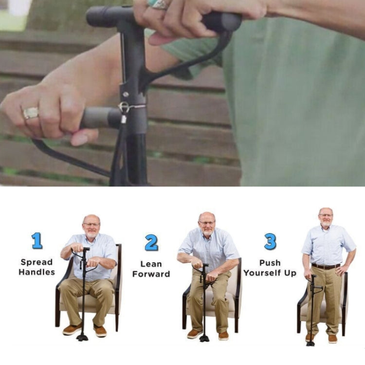 Folding walking crutch with adjustable double handles shown being adjusted by a person