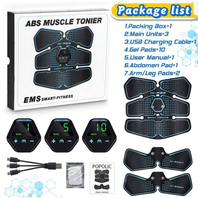 EMS muscle tonier kit box with LCD controller, charging cable, and gel pads