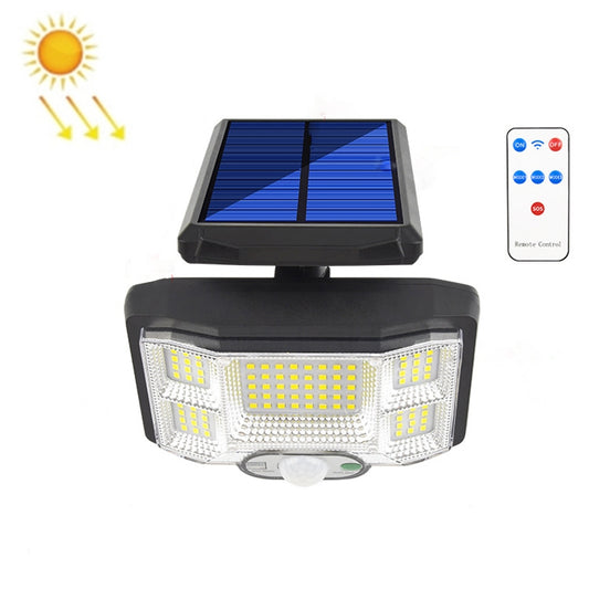 Solar wall light with black housing, built-in LED panel, and motion sensor head