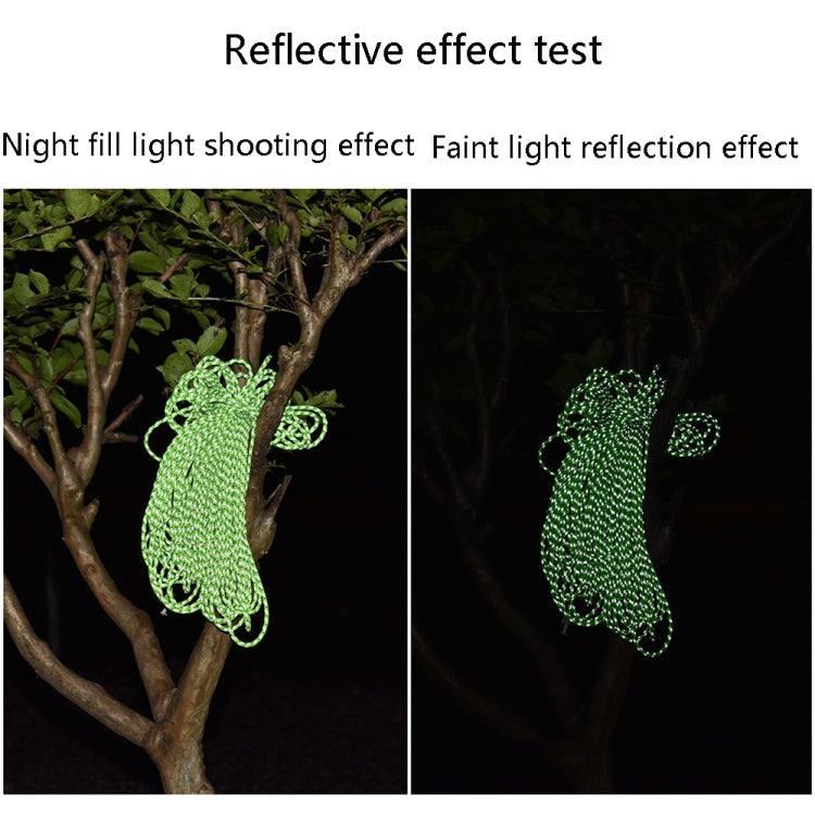 Neon green luminous tent rope glowing at night against outdoor branches