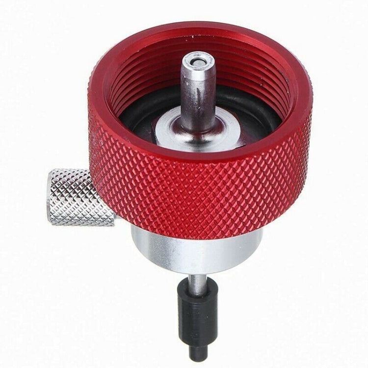 Propane filling adapter with red textured collar and central valve stem, side mesh cap