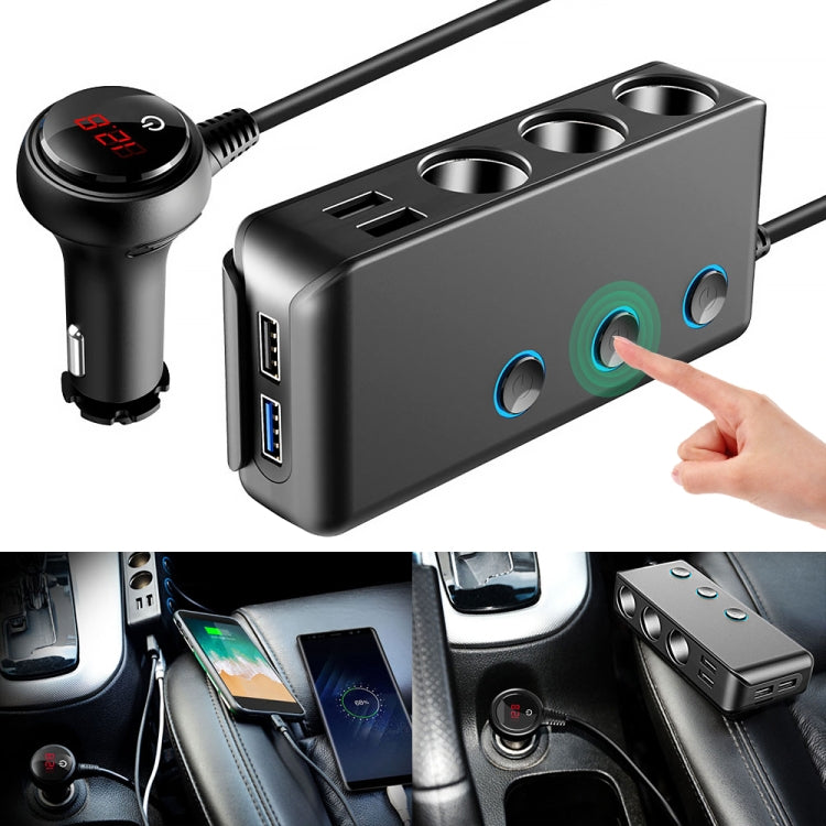 Car cigarette lighter charger close-up with LED display, side button, and USB and lighter sockets