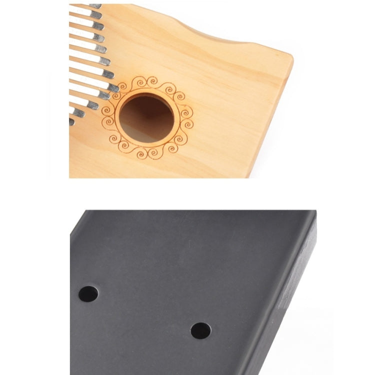 Light and dark wooden kalimba thumb piano with metal tines, sound hole, tuning holes