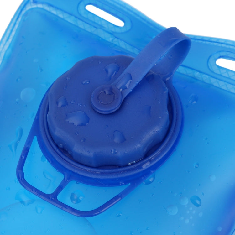 Blue hydration bladder cap with looped clip and sealing valve detail